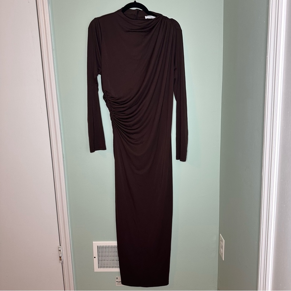 Primark Ruched Side Brown Long Sleeve Dress